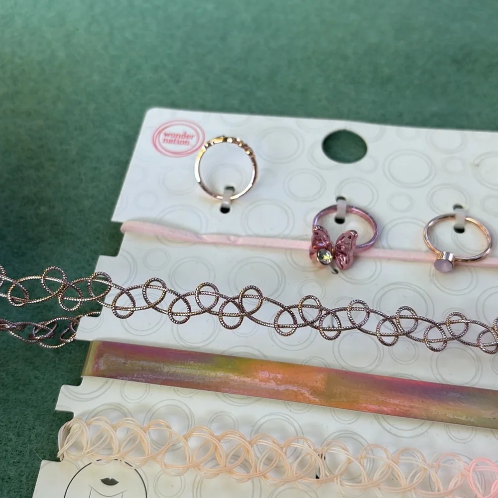 NWT Wonder Nation 4 12” Chokers 2 Extenders 3 Rings Set Butterfly Love Stretch